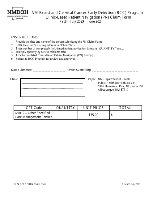 Clinic-Based Patient Navigation (Pn) Claim Form - Nm Breast and Cervical Cancer Early Detection (Bcc) Program - New Mexico Download Pdf