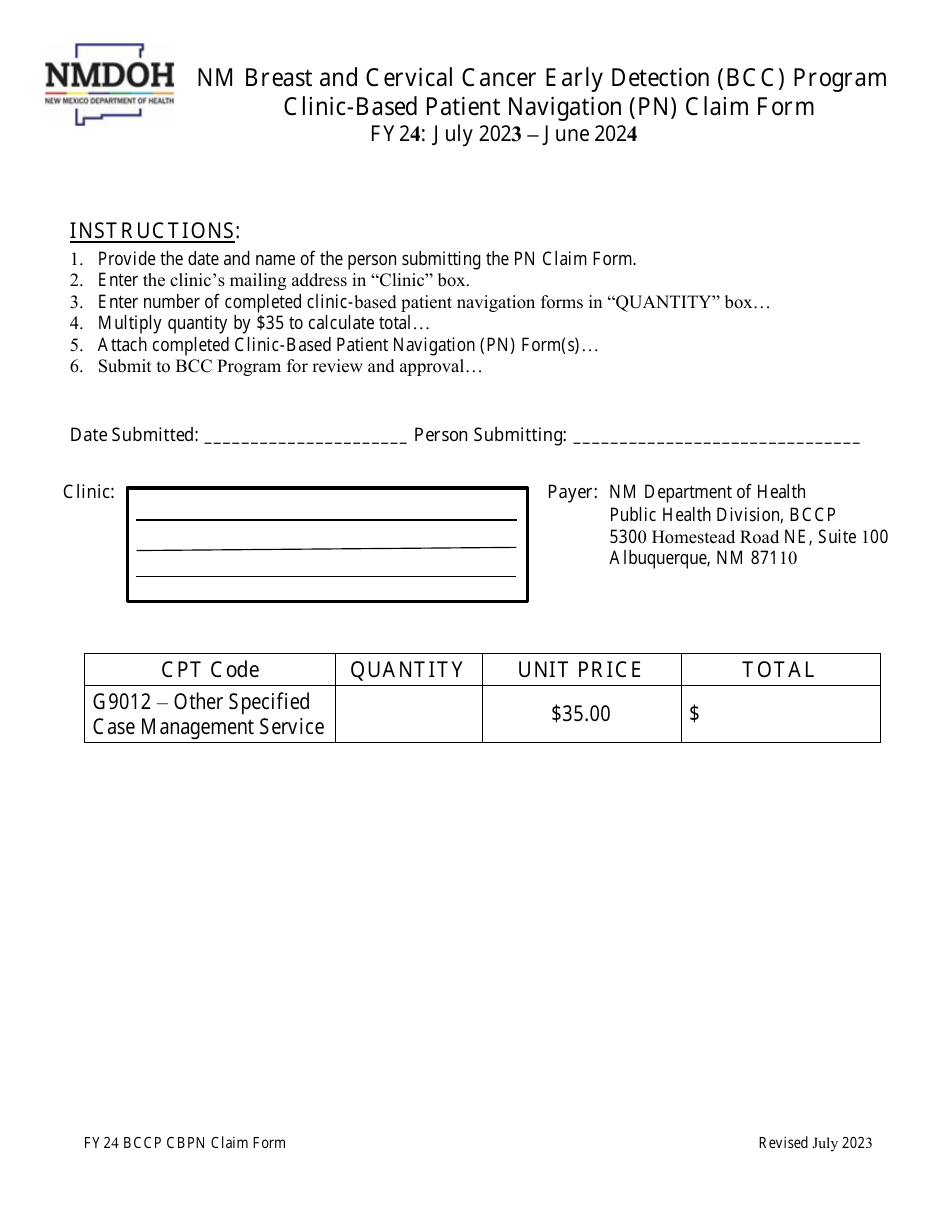 Clinic-Based Patient Navigation (Pn) Claim Form - Nm Breast and Cervical Cancer Early Detection (Bcc) Program - New Mexico, Page 1