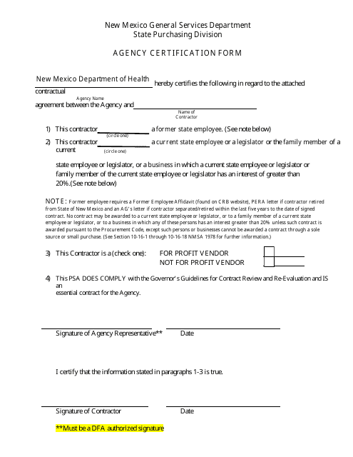 Agency Certification Form - New Mexico Download Pdf