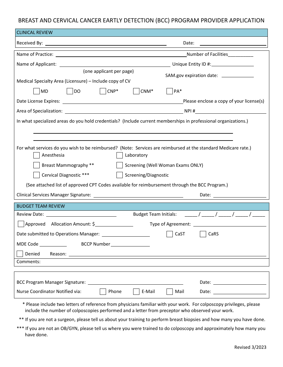 Provider Application - Breast and Cervical Cancer Eartly Detection (Bcc) Program - New Mexico, Page 1