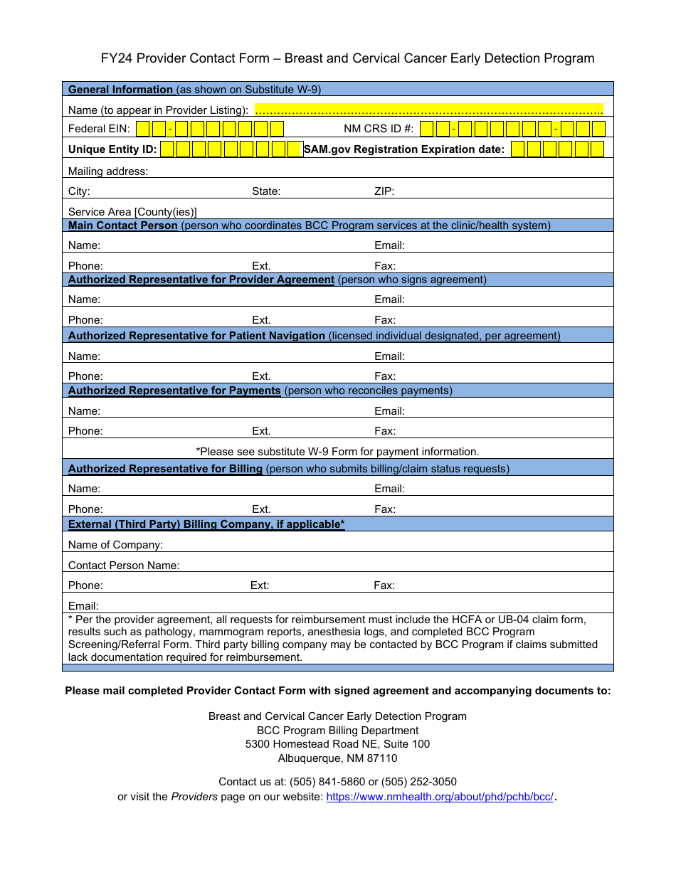 Provider Contact Form - Breast and Cervical Cancer Early Detection Program - New Mexico, Page 1