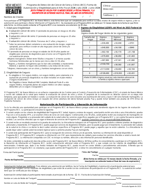 Forma De Autorizacion Y Elegibilidad - Programa De Deteccion De Cancer De Seno Y Cervix (Bcc) - New Mexico (Spanish) Download Pdf