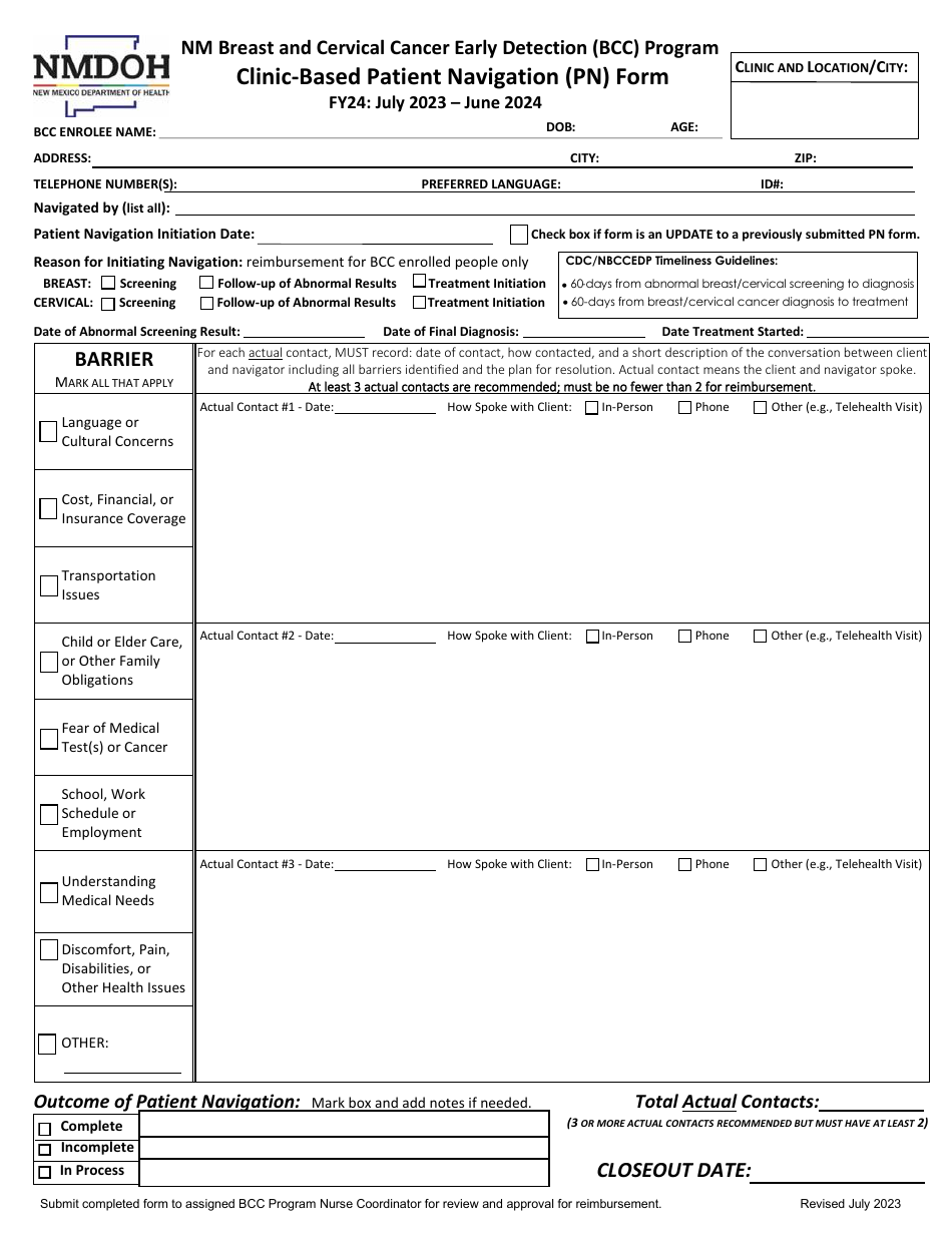 Clinic-Based Patient Navigation (Pn) Form - Nm Breast and Cervical Cancer Early Detection (Bcc) Program - New Mexico, Page 1