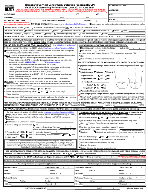 Bccp Screening/Referral Form - New Mexico, 2024