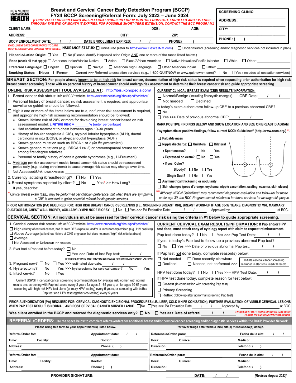 Bccp Screening / Referral Form - New Mexico, Page 1