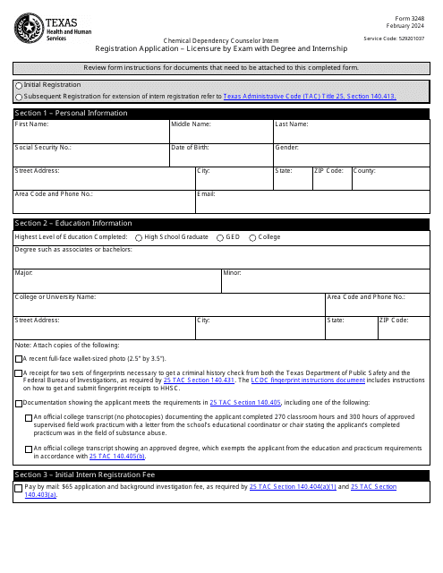 Form 3248 Registration Application - Licensure by Exam With Degree and Internship - Texas