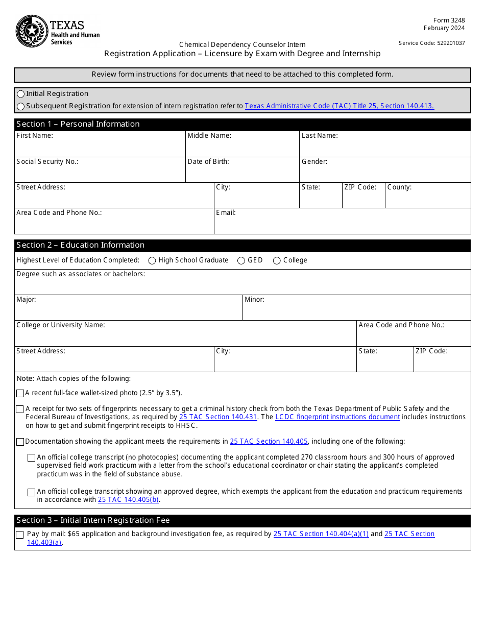 Form 3248 Registration Application - Licensure by Exam With Degree and Internship - Texas, Page 1