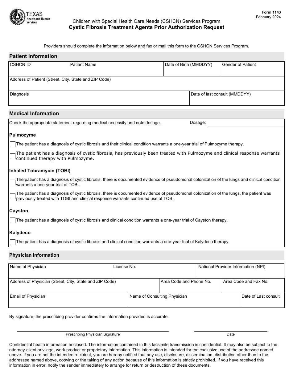 Form 1143 Cystic Fibrosis Treatment Agents Prior Authorization Request - Children With Special Health Care Needs (Cshcn) Services Program - Texas, Page 1
