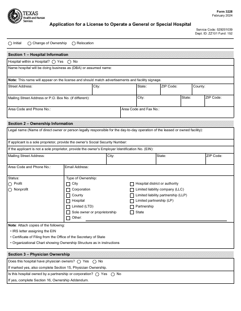 Form 3228 Application for a License to Operate a General or Special Hospital - Texas