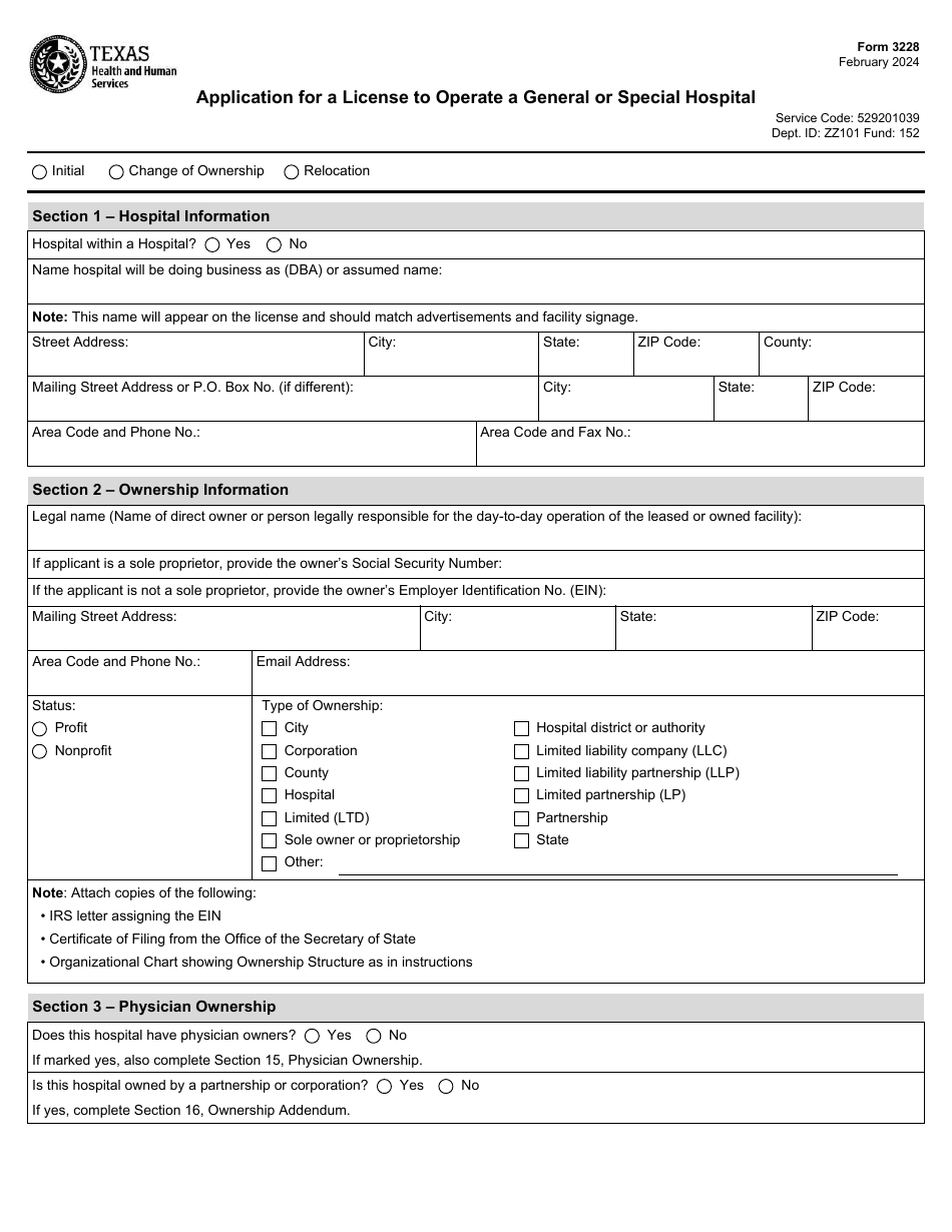 Form 3228 Application for a License to Operate a General or Special Hospital - Texas, Page 1