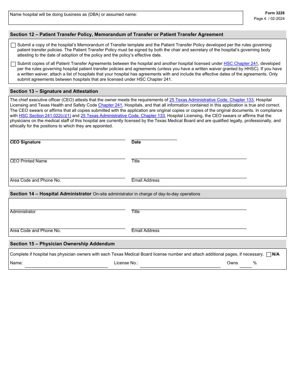 Form 3228 Application for a License to Operate a General or Special Hospital - Texas, Page 4