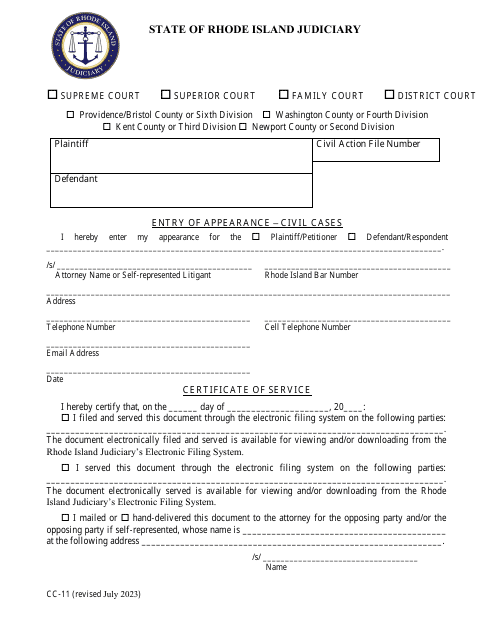 Form CC-11 Entry of Appearance - Civil Cases - Rhode Island