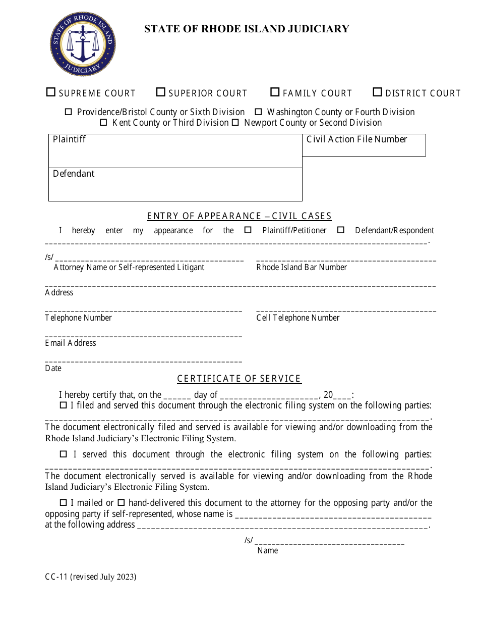 Form CC-11 Entry of Appearance - Civil Cases - Rhode Island, Page 1