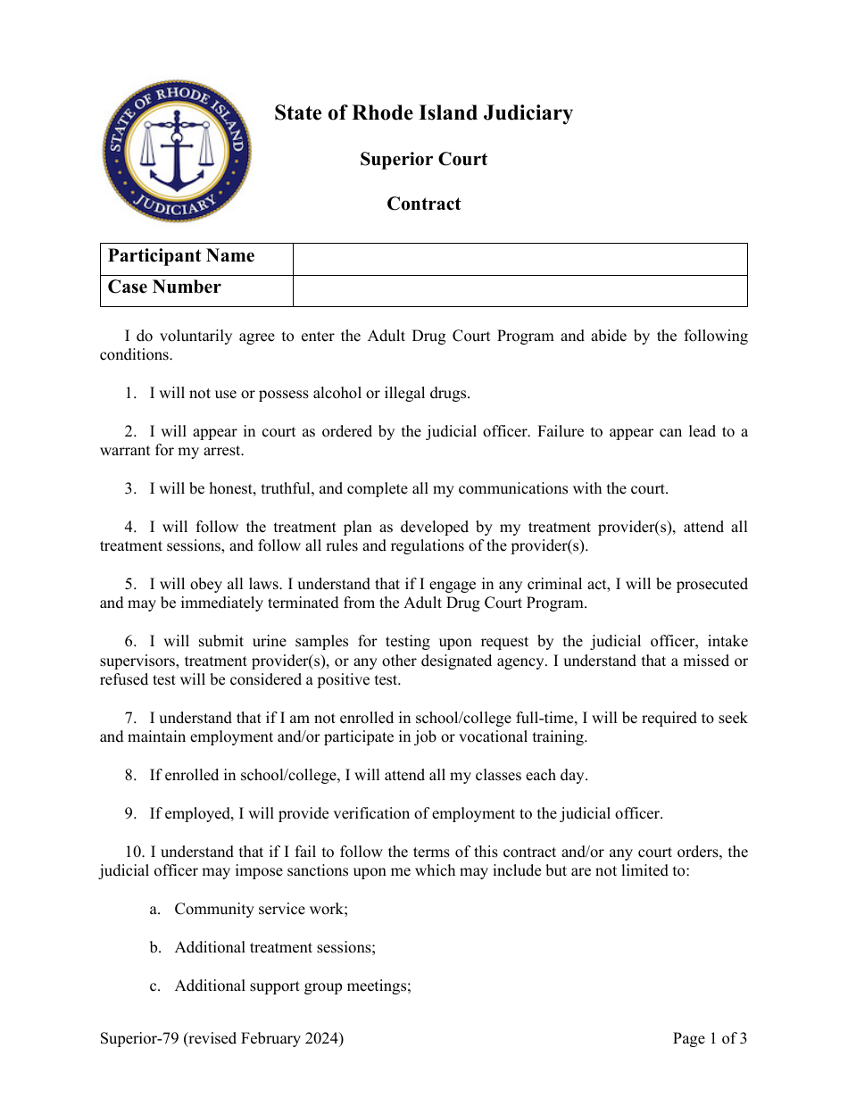 Form Superior-79 Contract - Adult Drug Court Program - Rhode Island, Page 1