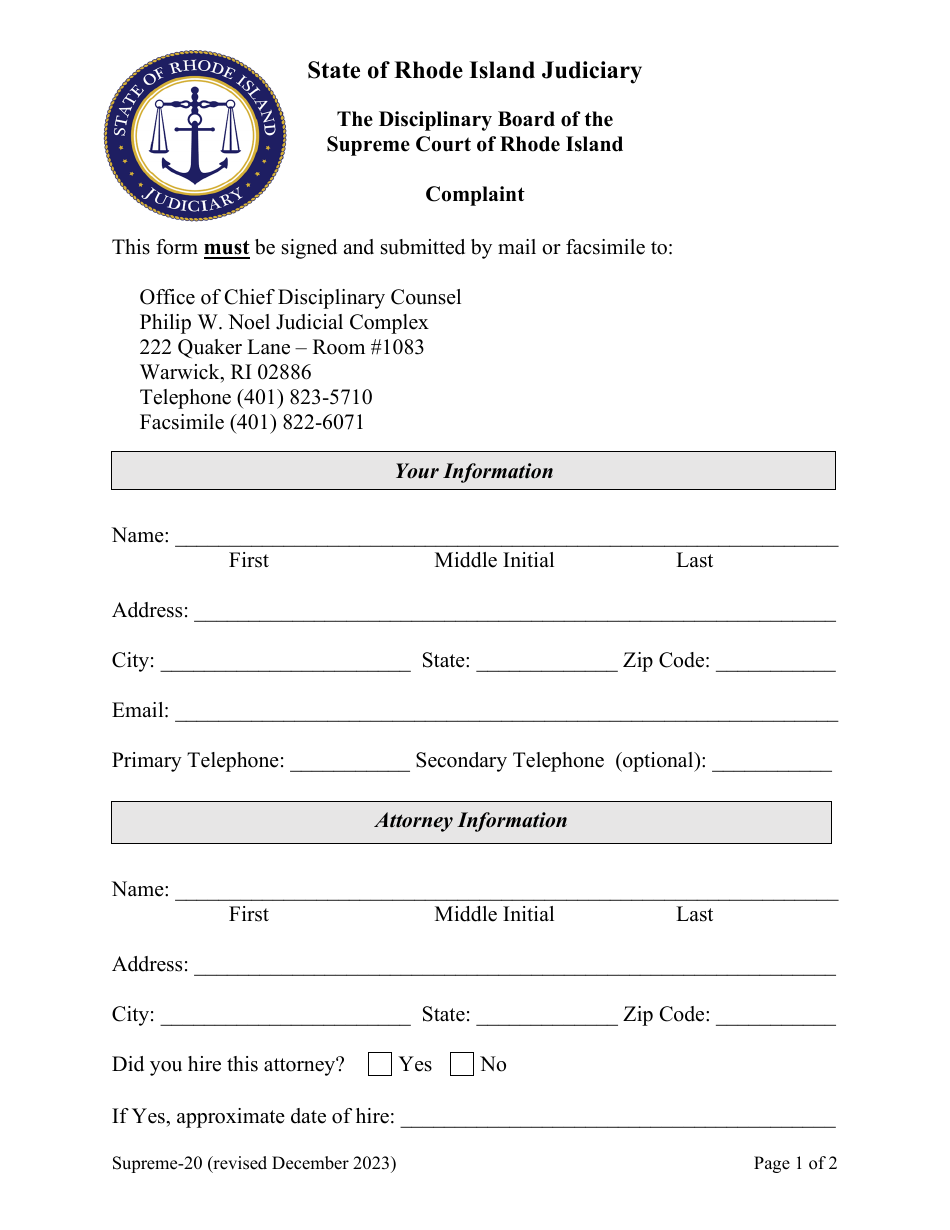 Form Supreme-20 Disciplinary Board Complaint Form - Rhode Island, Page 1