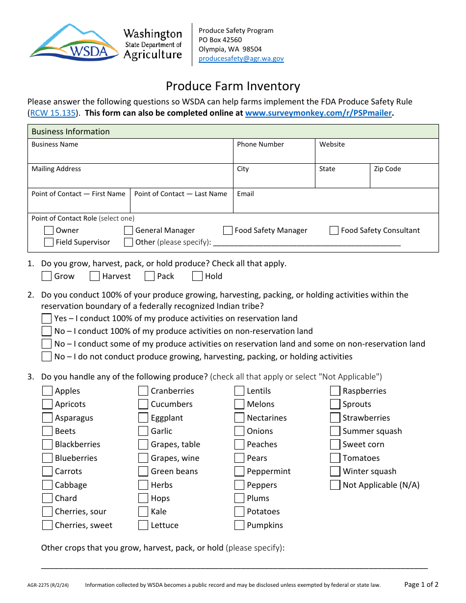 Form AGR-2275 Download Fillable PDF or Fill Online Produce Farm ...