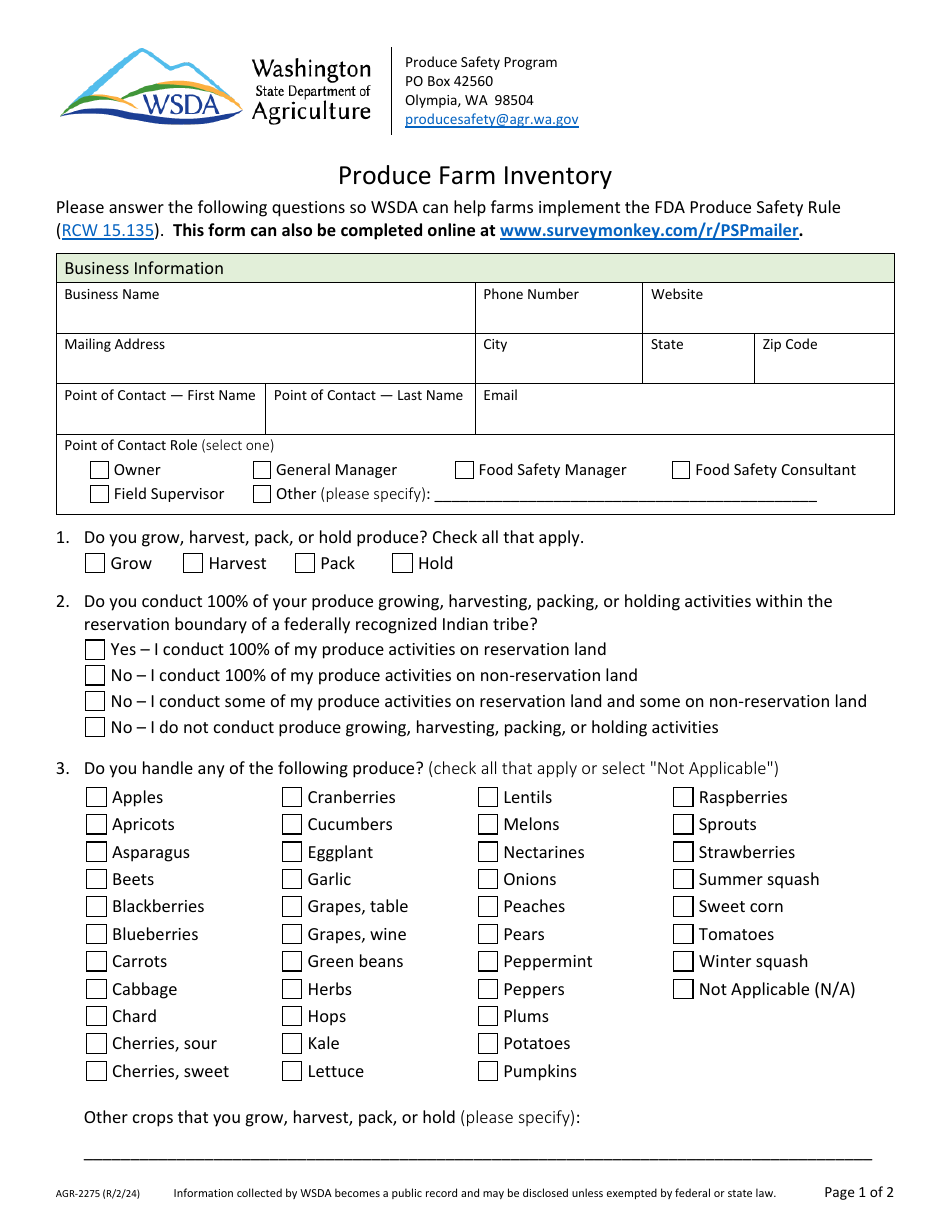 Form AGR-2275 Produce Farm Inventory - Washington, Page 1