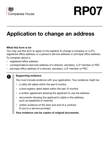 Form RP07 Application to Change an Address - United Kingdom