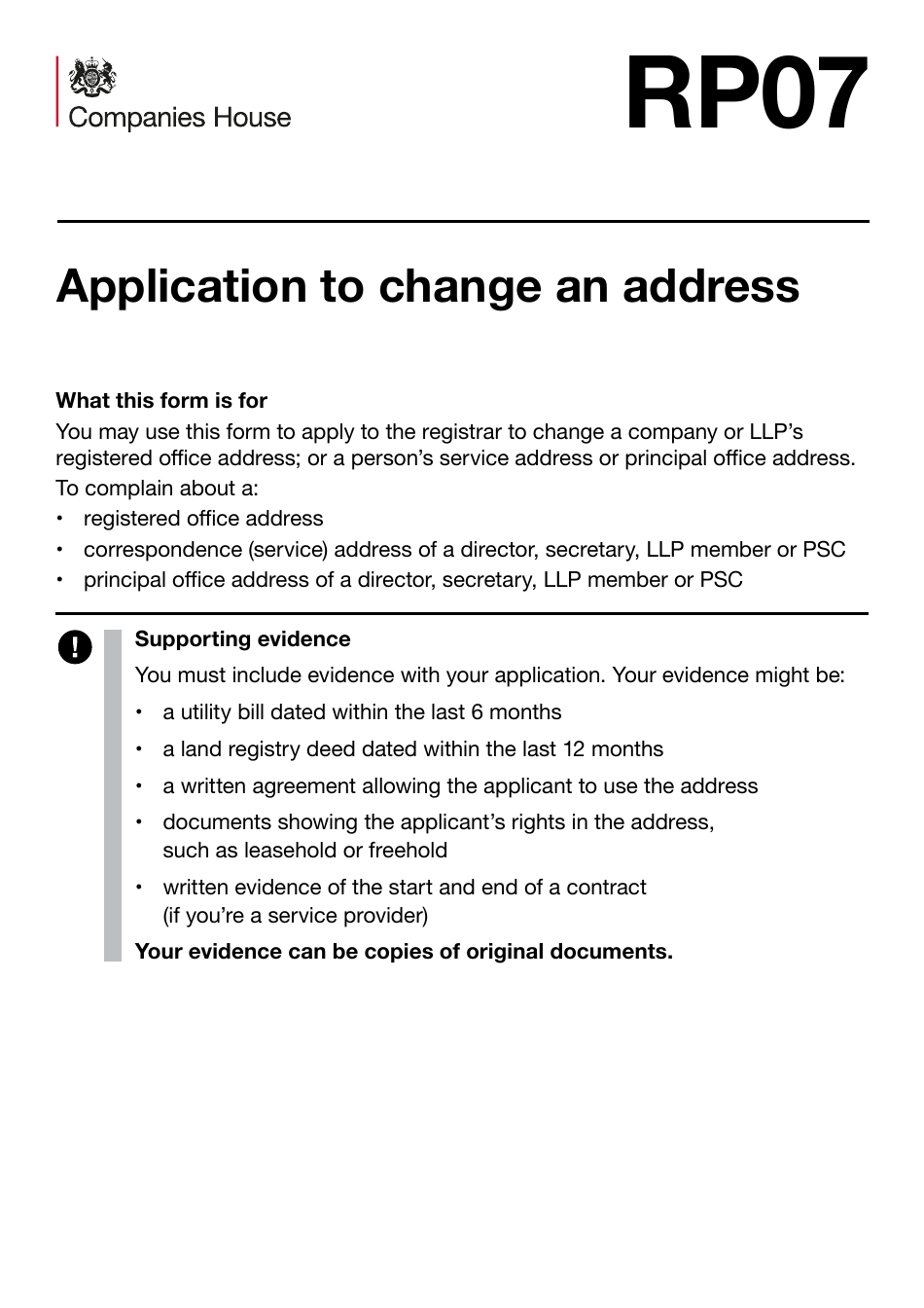 Form RP07 Application to Change an Address - United Kingdom, Page 1