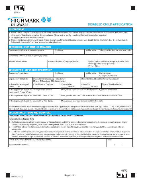 Form ENR-187 Disabled Child Application - Highmark Delaware - Delaware