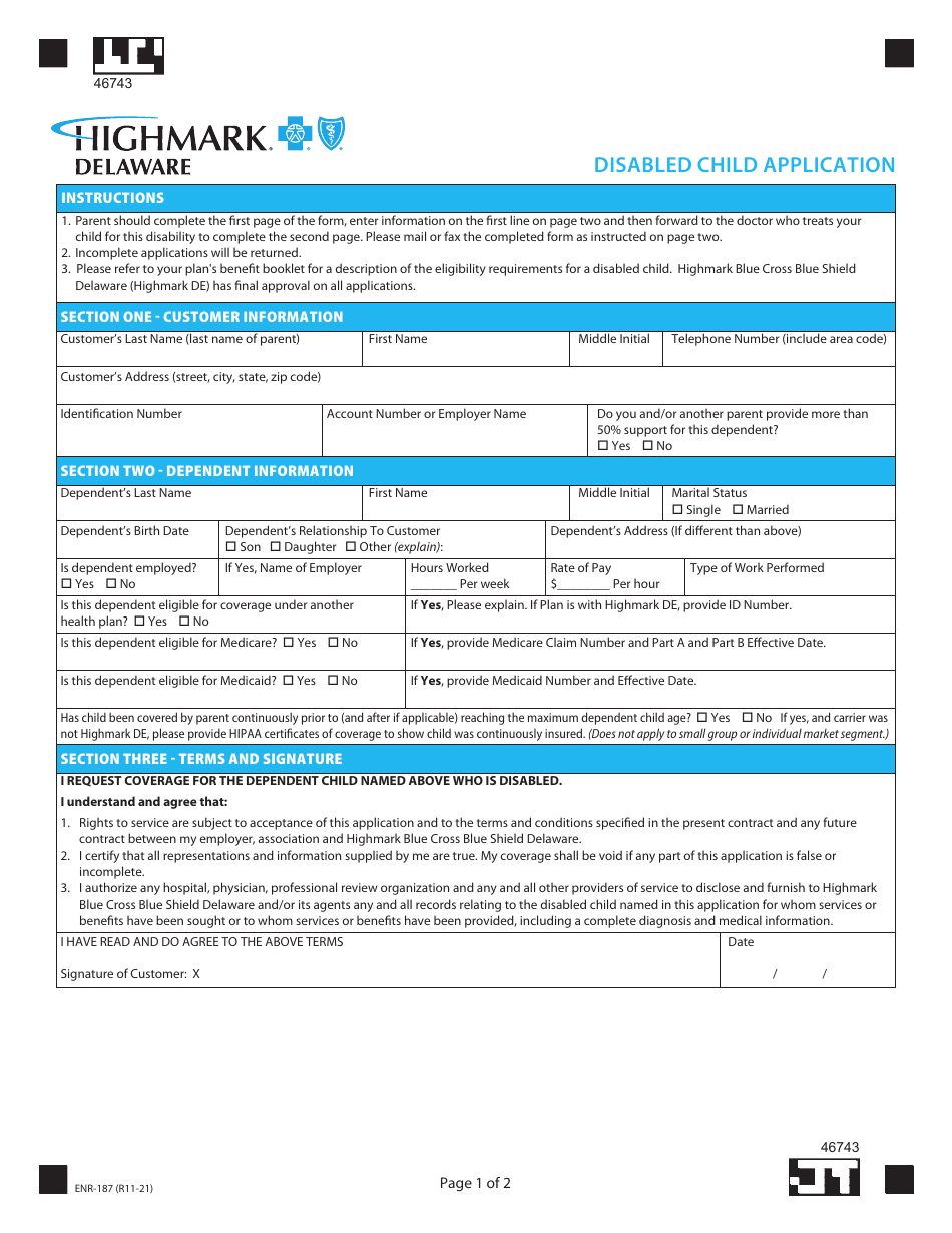 Form ENR-187 Disabled Child Application - Highmark Delaware - Delaware, Page 1