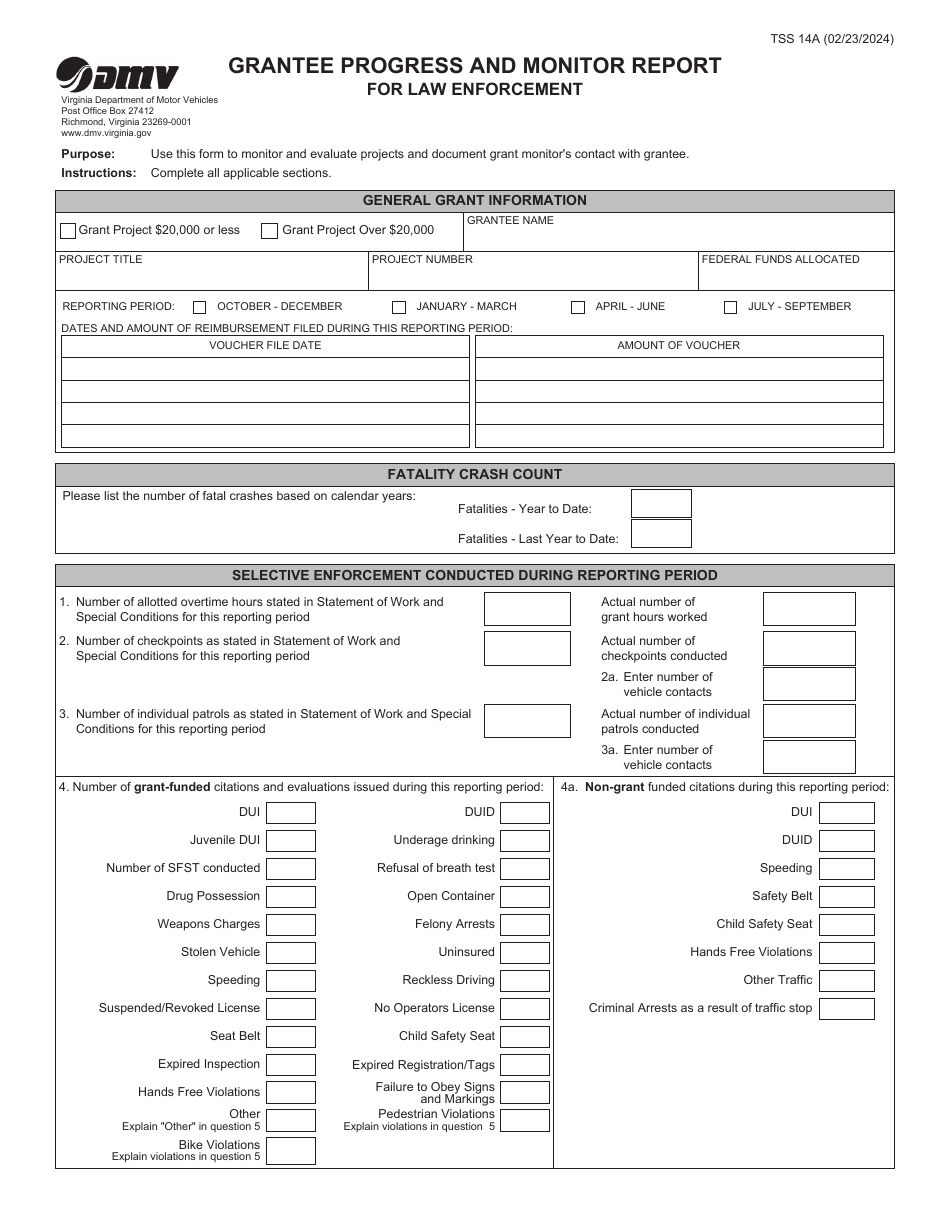 Form TSS14A Grantee Progress and Monitor Report for Law Enforcement - Virginia, Page 1