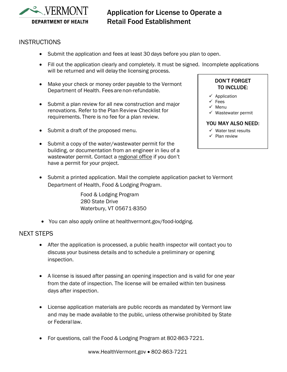 Application for License to Operate a Retail Food Establishment - Vermont, Page 1