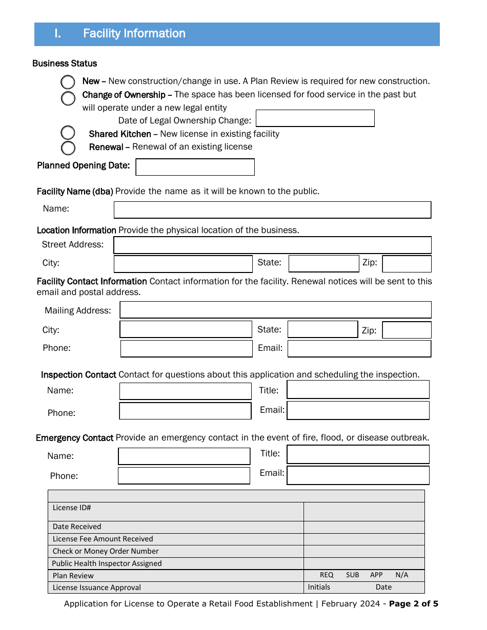 Application for License to Operate a Retail Food Establishment - Vermont, Page 2