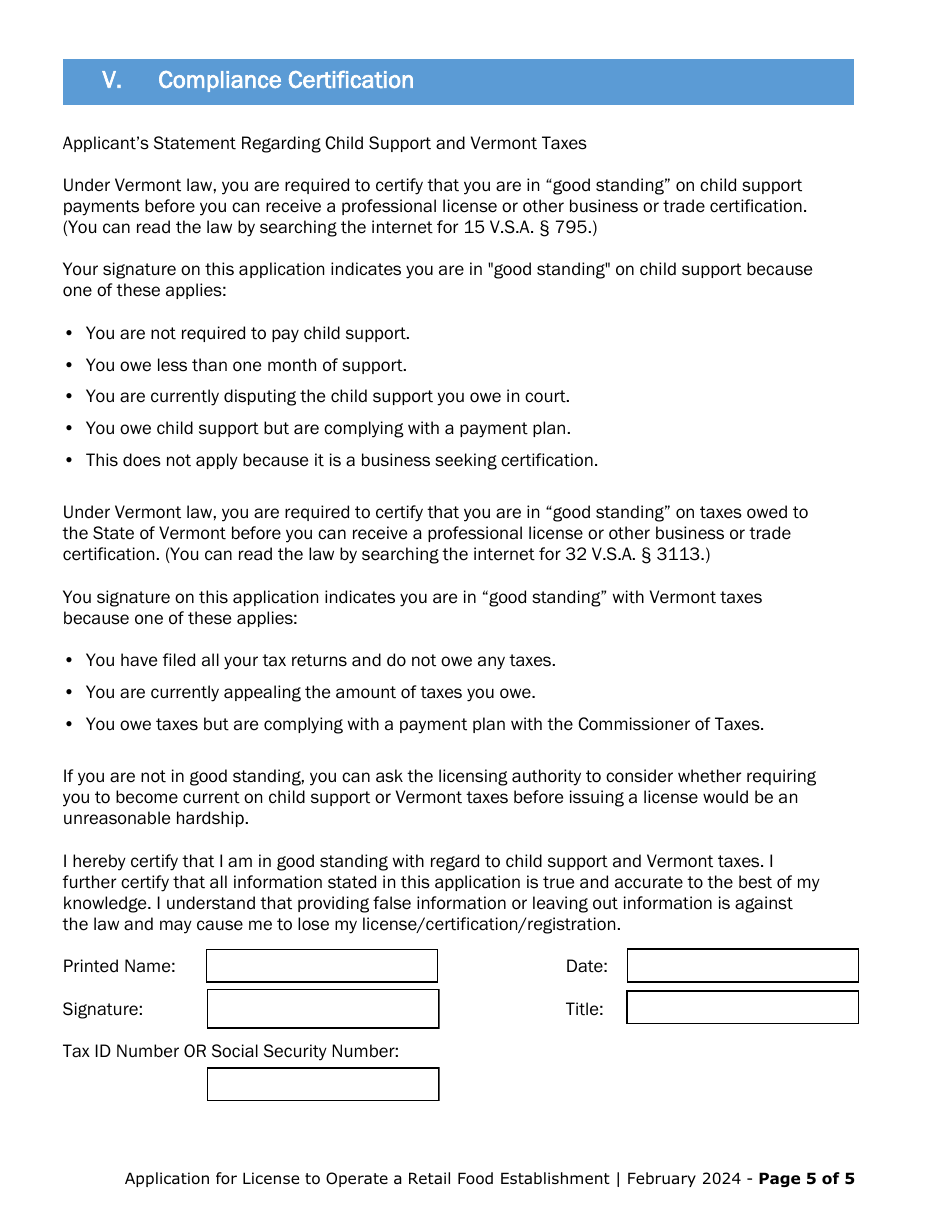 Application for License to Operate a Retail Food Establishment - Vermont, Page 5