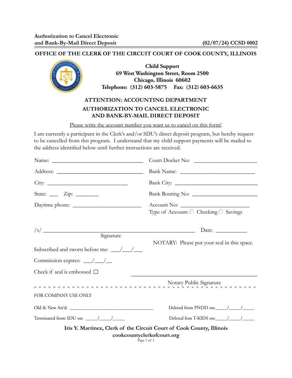 Form CCSD0002 Authorization to Cancel Electronic and Bank-By-Mail Direct Deposit - Cook County, Illinois, Page 1