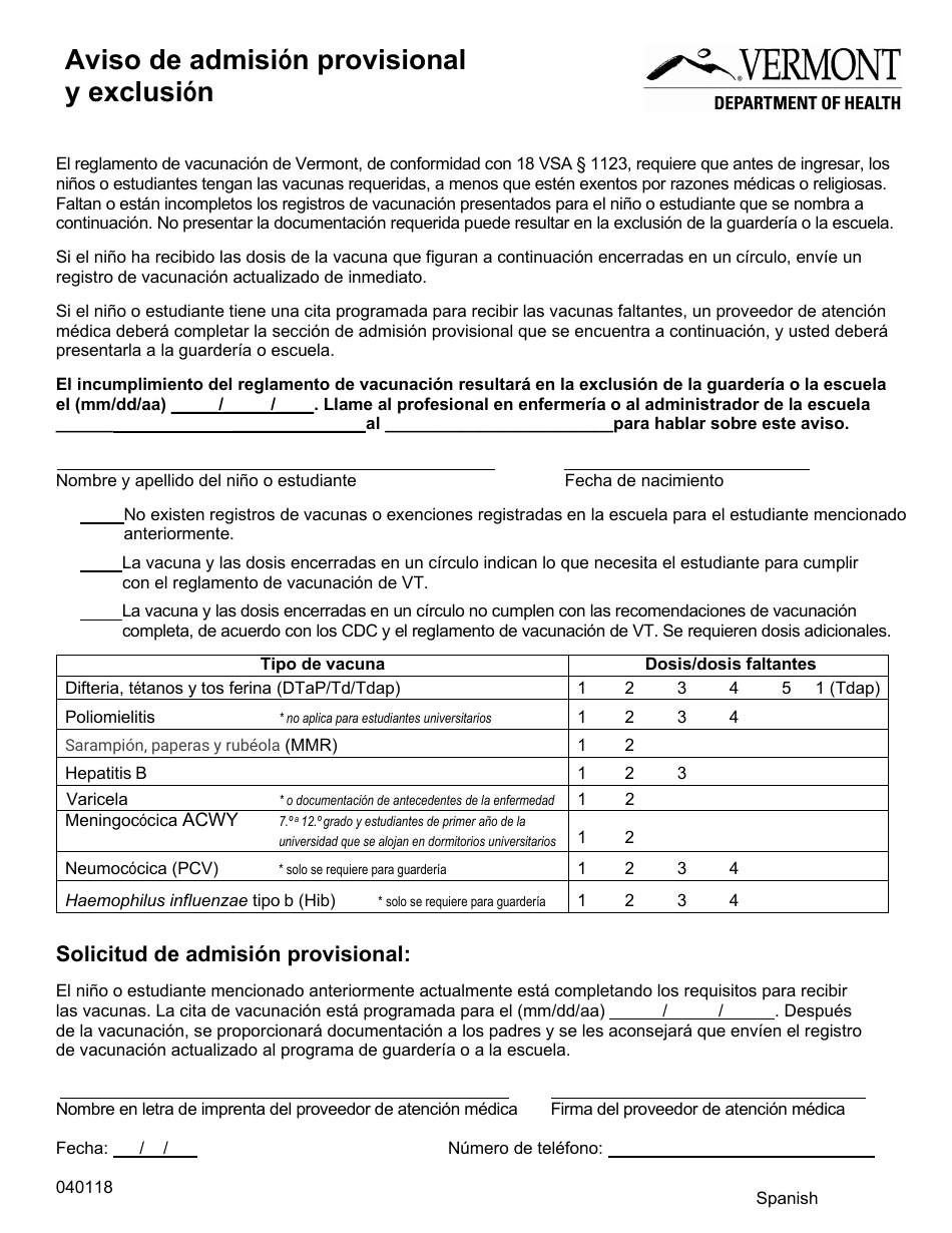 Aviso De Admision Provisional Y Exclusion - Vermont (Spanish), Page 1