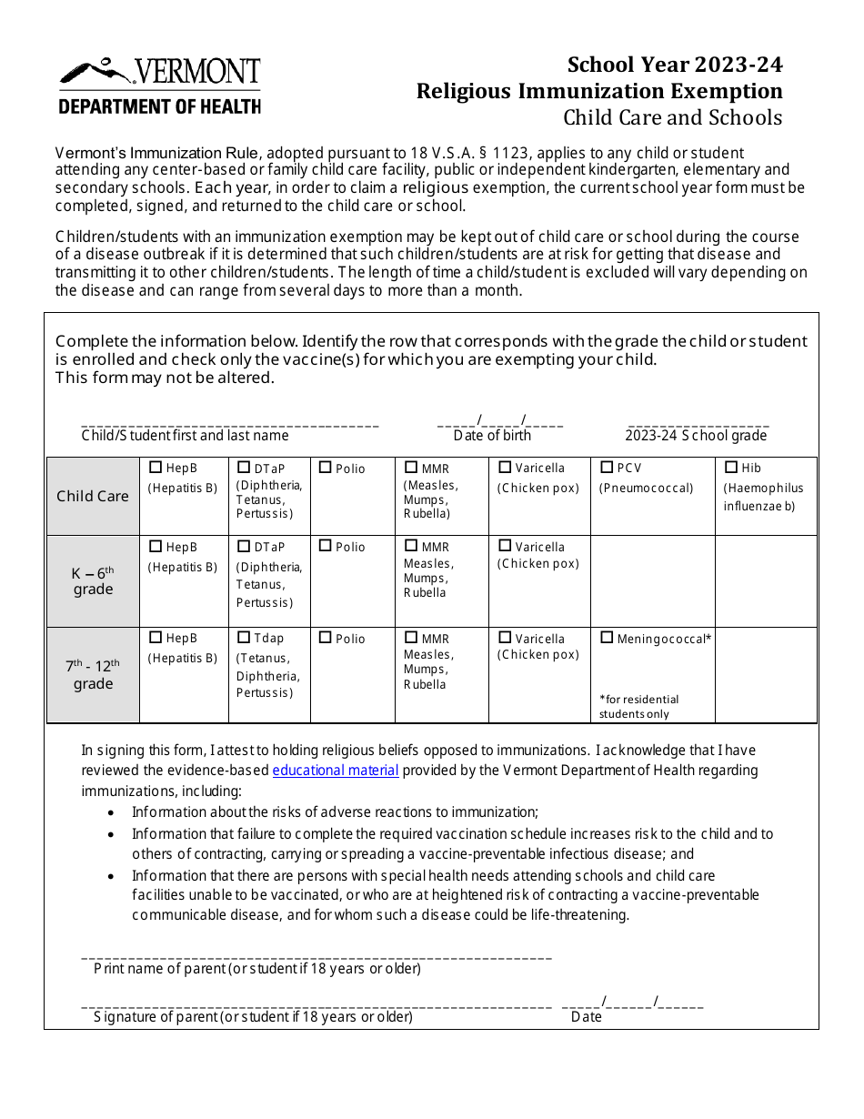 Religious Immunization Exemption - Child Care and Schools - Vermont, Page 1