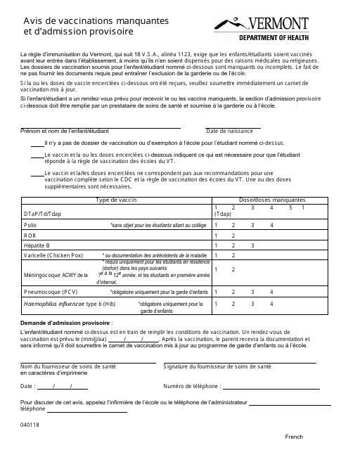 Avis De Vaccinations Manquantes Et D'admission Provisoire - Vermont (Spanish)