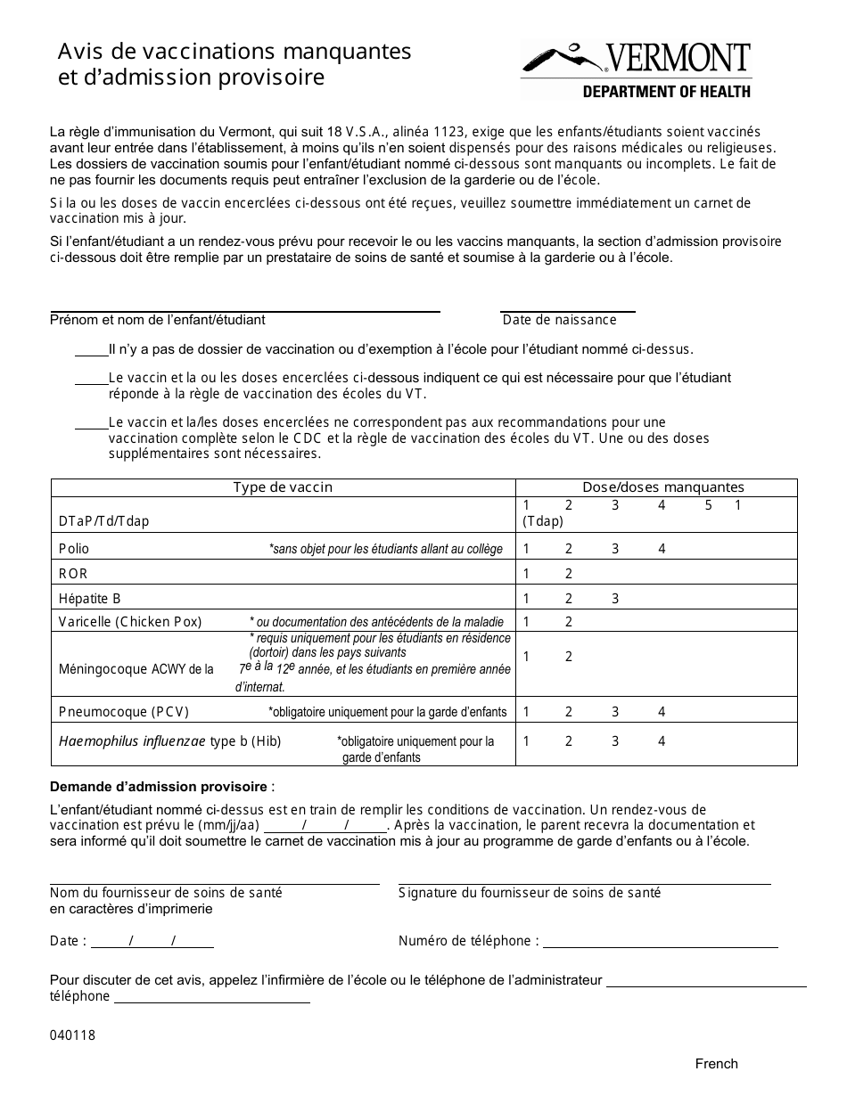 Avis De Vaccinations Manquantes Et Dadmission Provisoire - Vermont (Spanish), Page 1