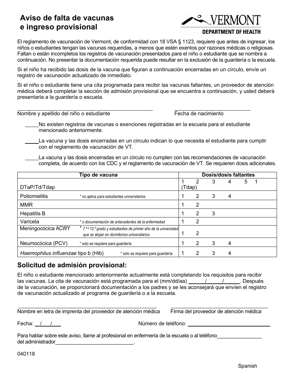 Aviso De Falta De Vacunas E Ingreso Provisional - Vermont (Spanish), Page 1