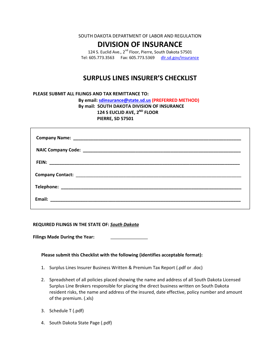 South Dakota Surplus Lines Insurer's Checklist Fill Out, Sign Online