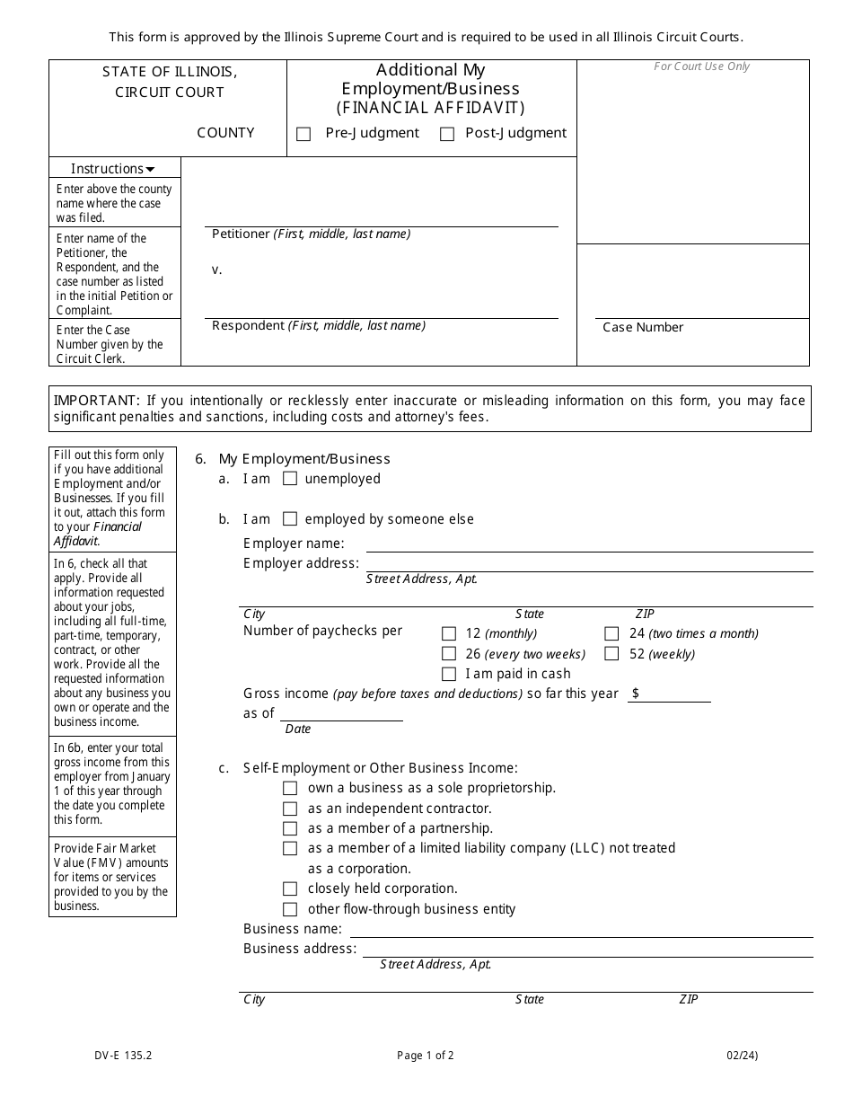 Form DV-E135.2 Additional My Employment / Business (Financial Affidavit) - Illinois, Page 1