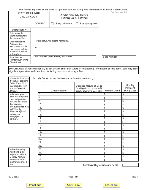 Form DV-D121.2 Additional My Debts (Financial Affidavit) - Illinois