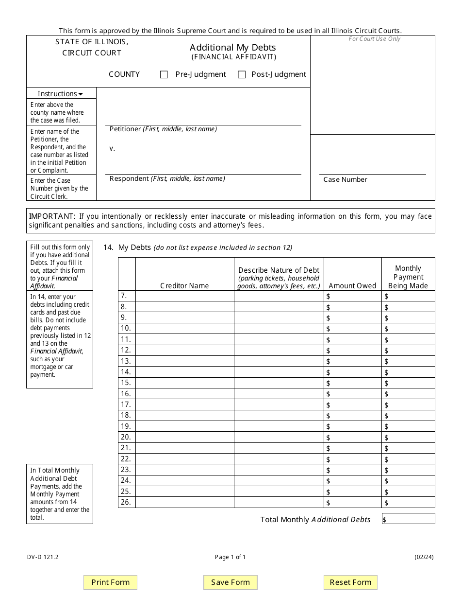 Form DV-D121.2 Additional My Debts (Financial Affidavit) - Illinois, Page 1