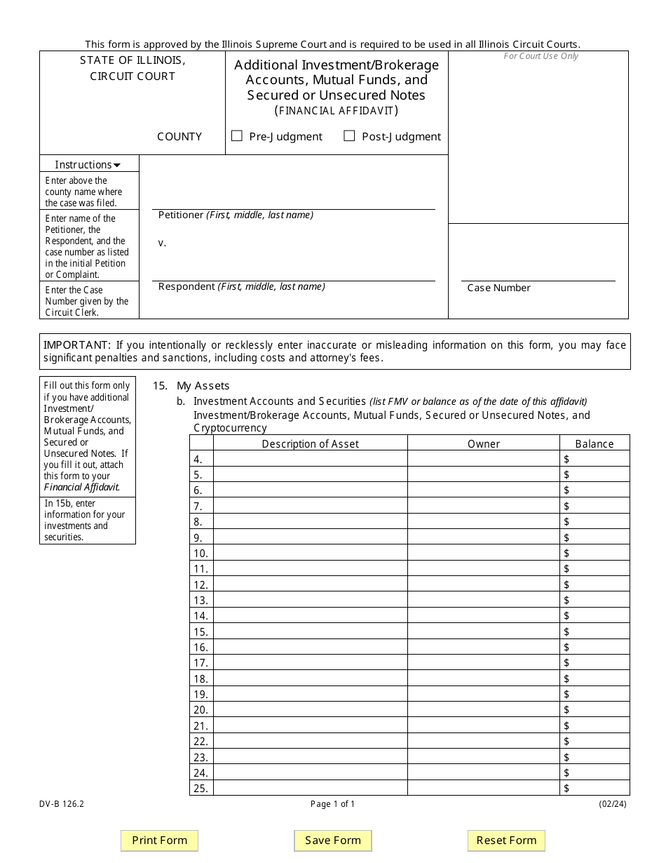 Form DV-B126.2 Additional Investment / Brokerage Accounts, Mutual Funds, and Secured or Unsecured Notes (Financial Affidavit) - Illinois, Page 1
