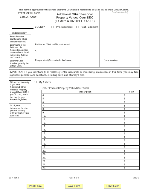 Form DV-P134.2 Additional Other Personal Property Valued Over $500 (Family and Divorce Cases) - Illinois