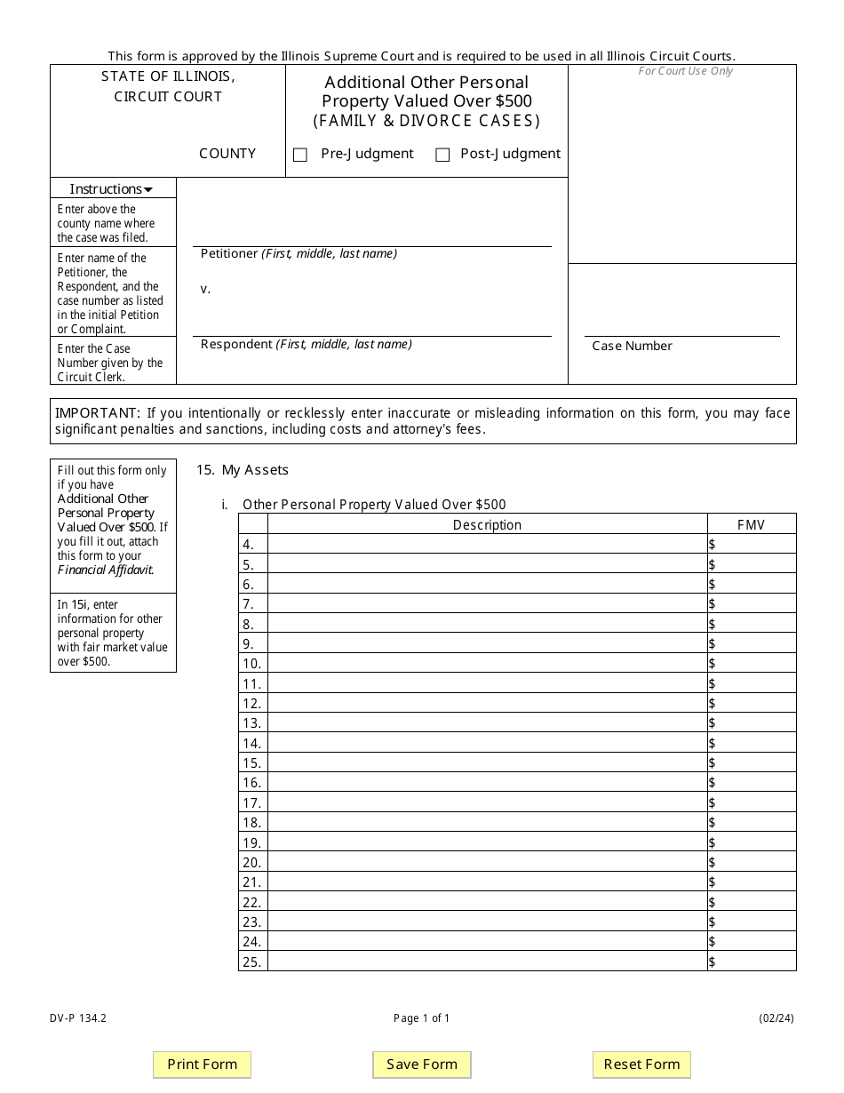 Form DV-P134.2 Additional Other Personal Property Valued Over $500 (Family and Divorce Cases) - Illinois, Page 1