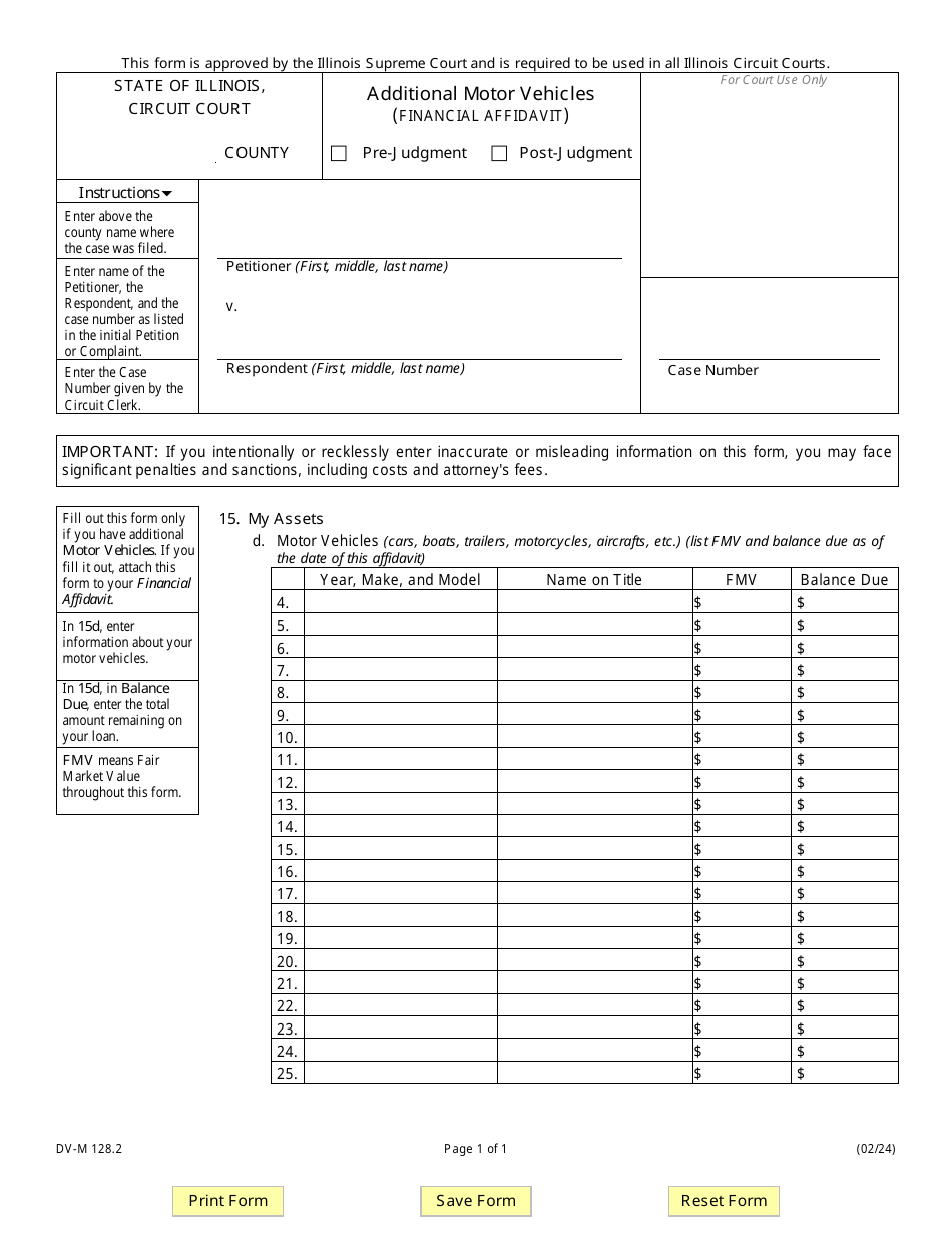 Form DV-M128.2 Additional Motor Vehicles (Financial Affidavit) - Illinois, Page 1