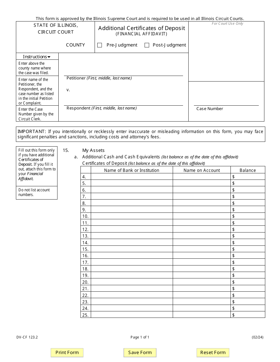 Form DV-CF123.2 Additional Certificates of Deposit (Financial Affidavit) - Illinois, Page 1