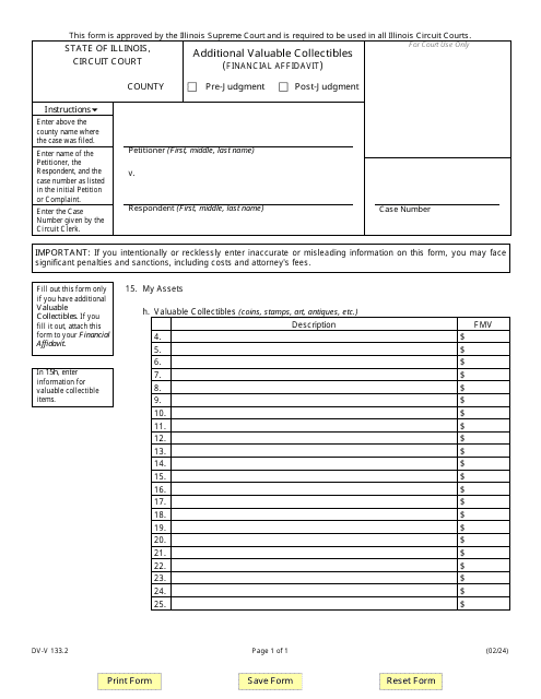 Form DV-V133.2 Additional Valuable Collectibles (Financial Affidavit) - Illinois