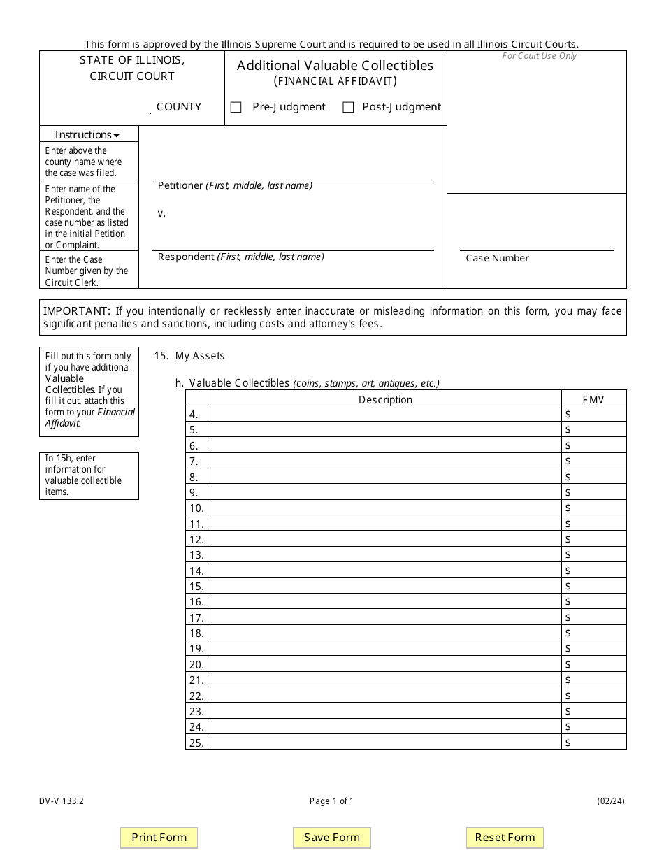 Form DV-V133.2 Additional Valuable Collectibles (Financial Affidavit) - Illinois, Page 1