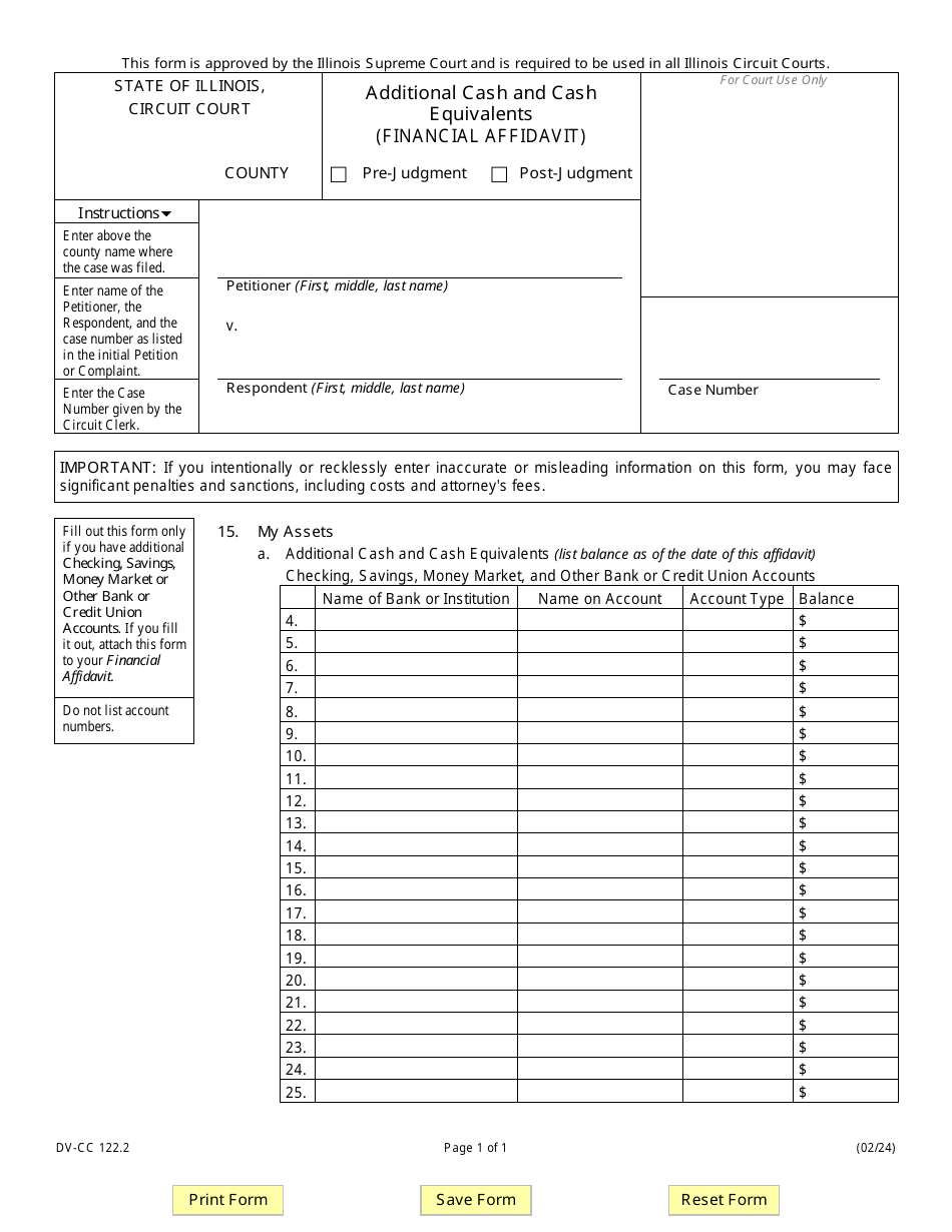 Form DV-CC122.2 Additional Cash and Cash Equivalents (Financial Affidavit) - Illinois, Page 1