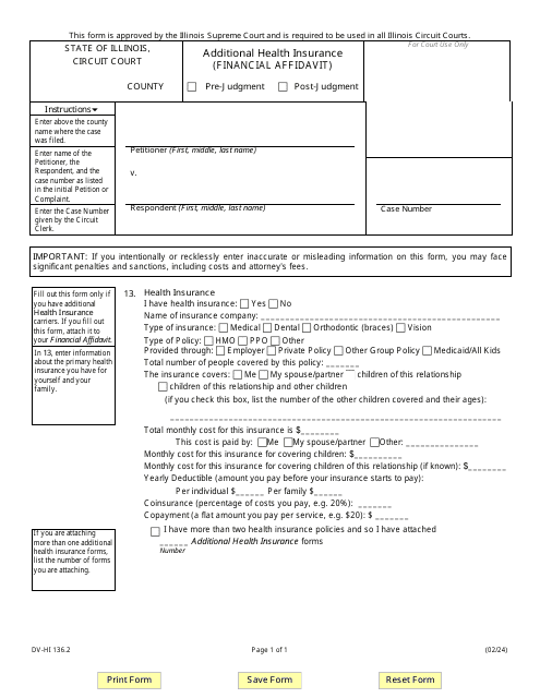 Form DV-HI136.2 Additional Health Insurance (Financial Affidavit) - Illinois