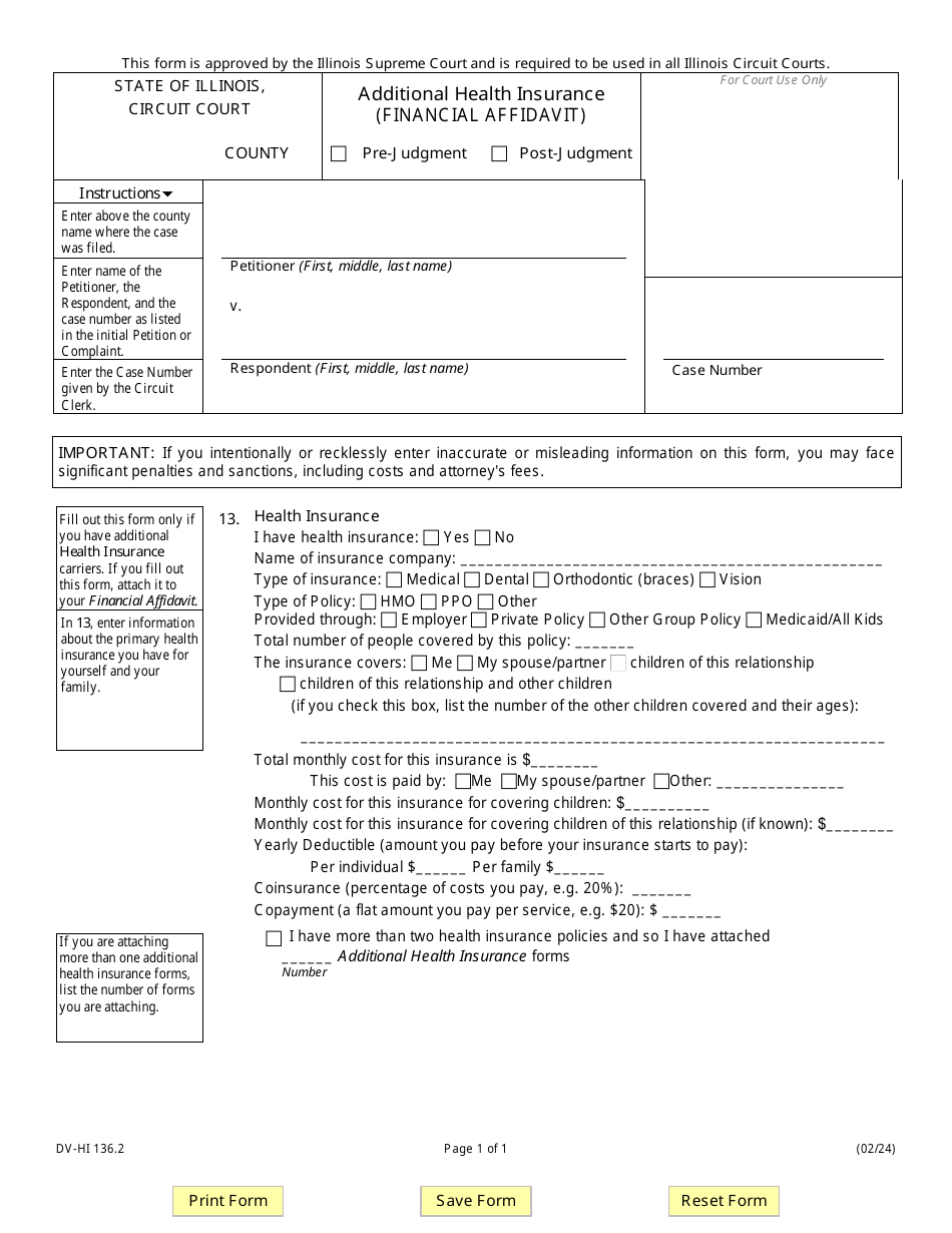 Form DV-HI136.2 Additional Health Insurance (Financial Affidavit) - Illinois, Page 1