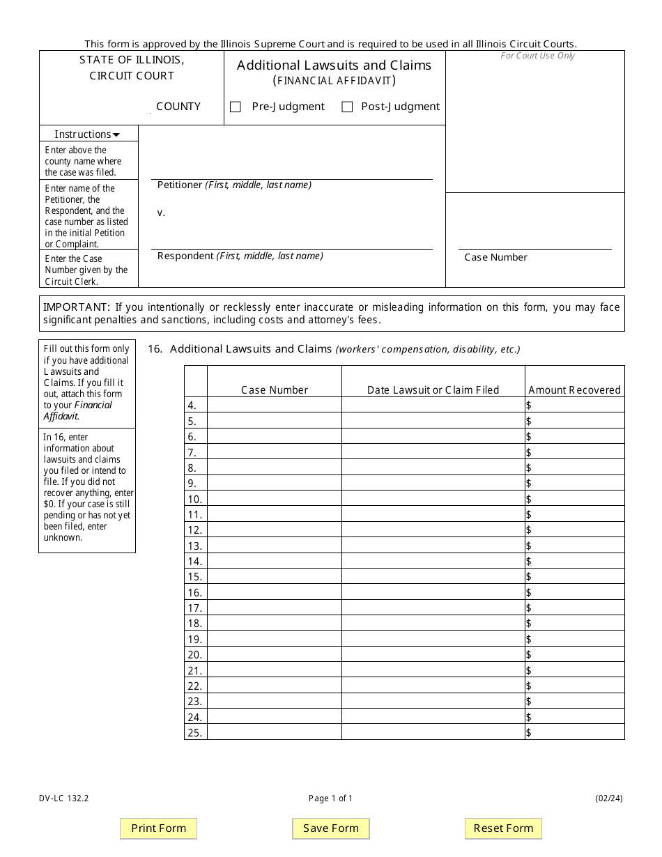 Form DV-LC132.2 Additional Lawsuits and Claims (Financial Affidavit) - Illinois, Page 1